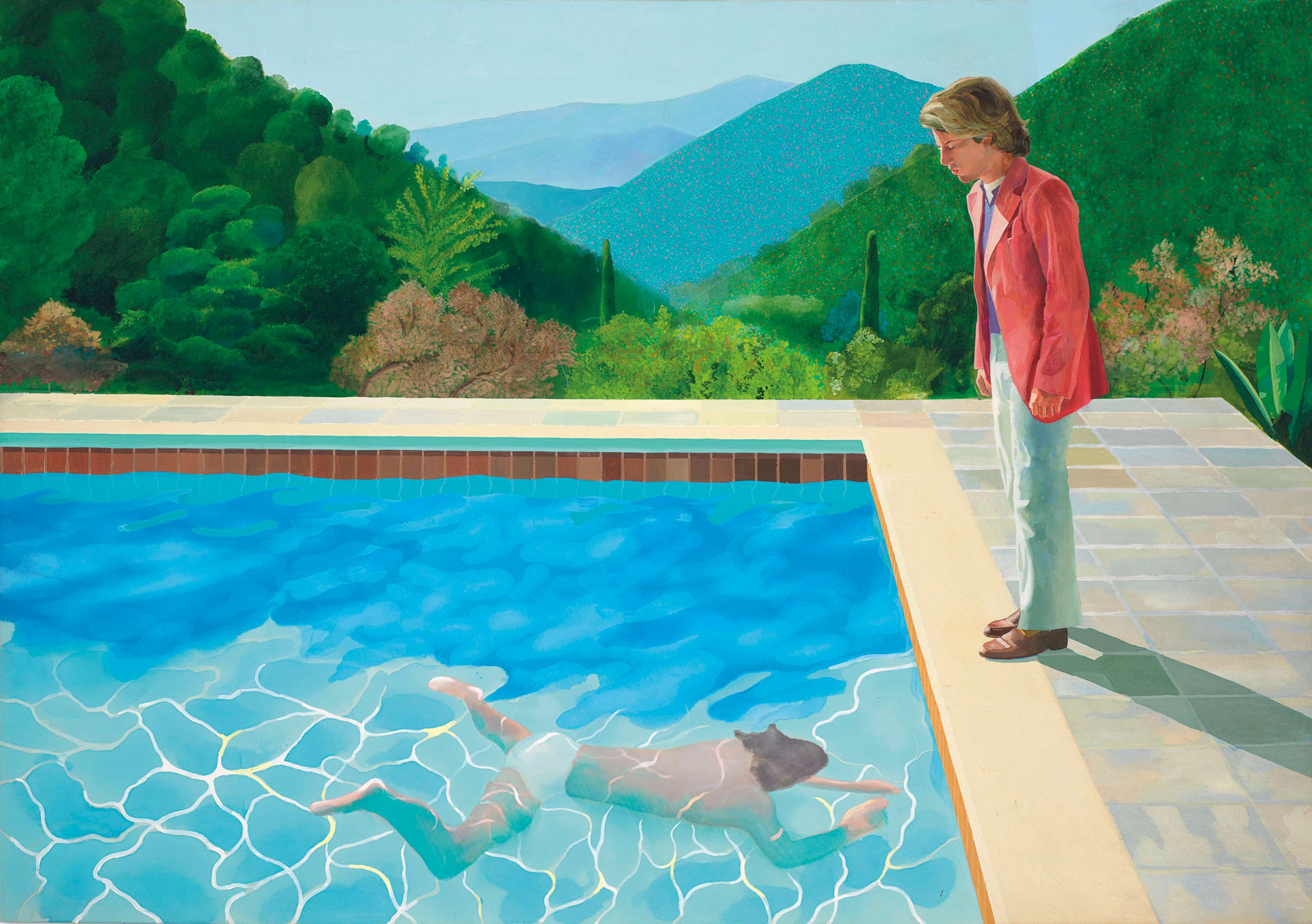 Un homme vêtu d'une veste rouge et d'un pantalon blanc se tient sur le rebord carrelé d'une piscine, regardant une silhouette immergée dans l'eau. Le nageur, intitulé « The Swimmer », est partiellement visible sous la surface, entouré de reflets lumineux ondulants. En arrière-plan, des arbres d'un vert luxuriant et des collines vallonnées dessinent un paysage éclatant sous un ciel bleu limpide. L'œuvre pourrait s'intituler « At The Edge » ou « Swimming Pool » dans certaines collections.