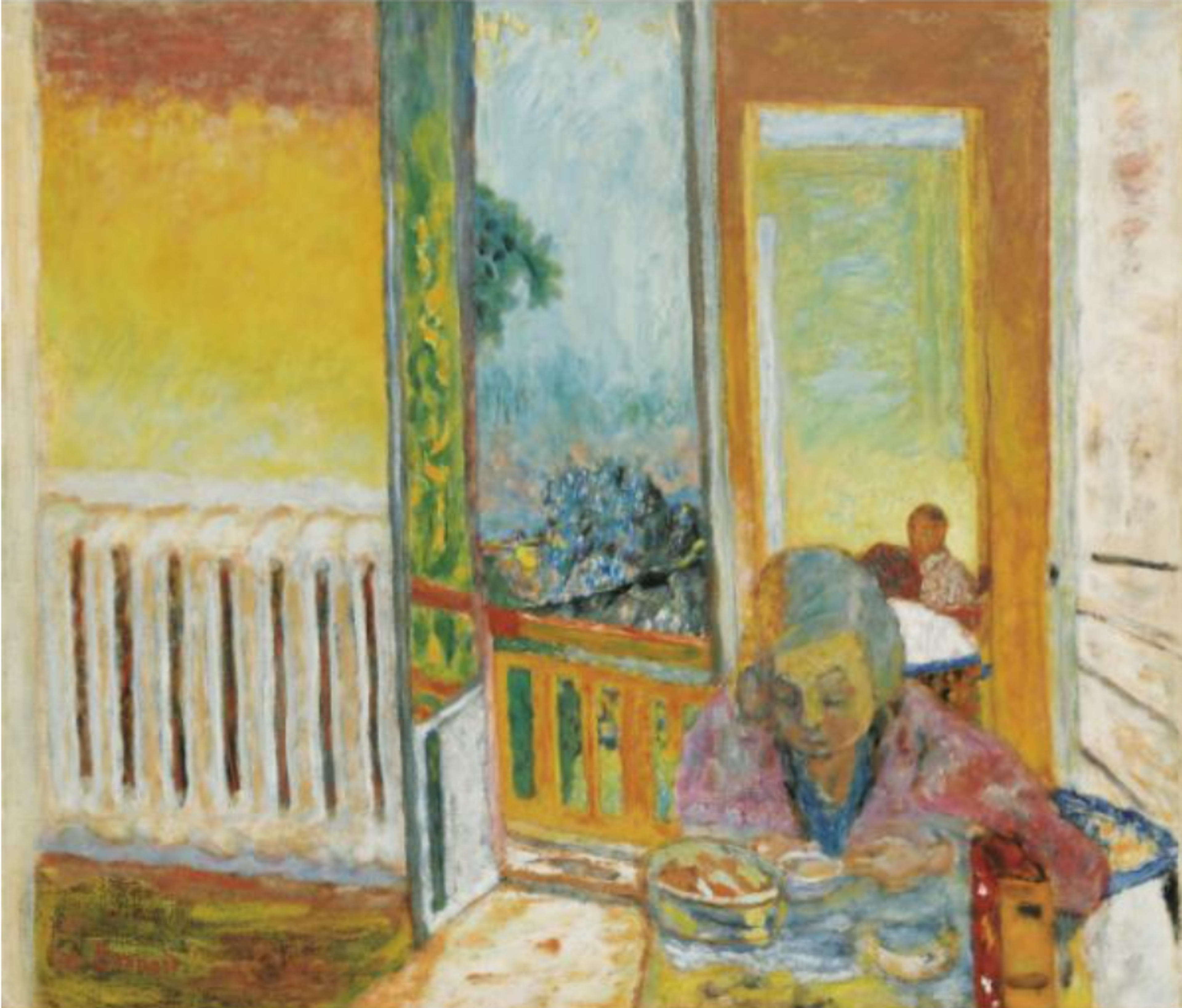 An interior scene with warm yellow and orange tones. An elderly female figure with grey hair sits at a table in the lower right corner, leaning over the food and drink in front of her. On the left of the composition is a radiator, emanating yellow warmth. Between the figure and the radiator, light streams through open French doors.