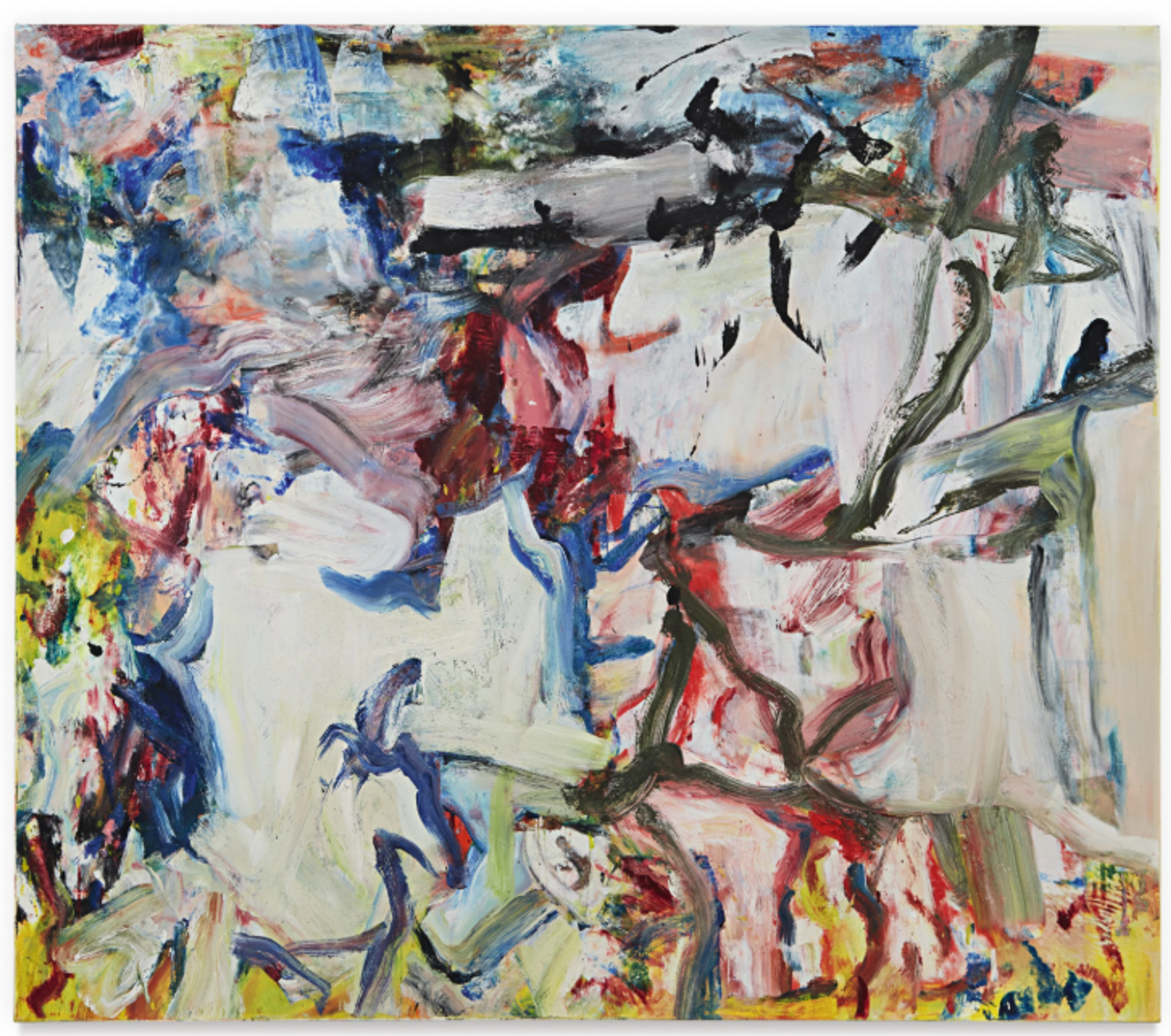 An abstract painting with fluid brushstrokes in various colours including blue, red, and green against a light background. The composition has a spontaneous, gestural quality with paint drips and splatters.