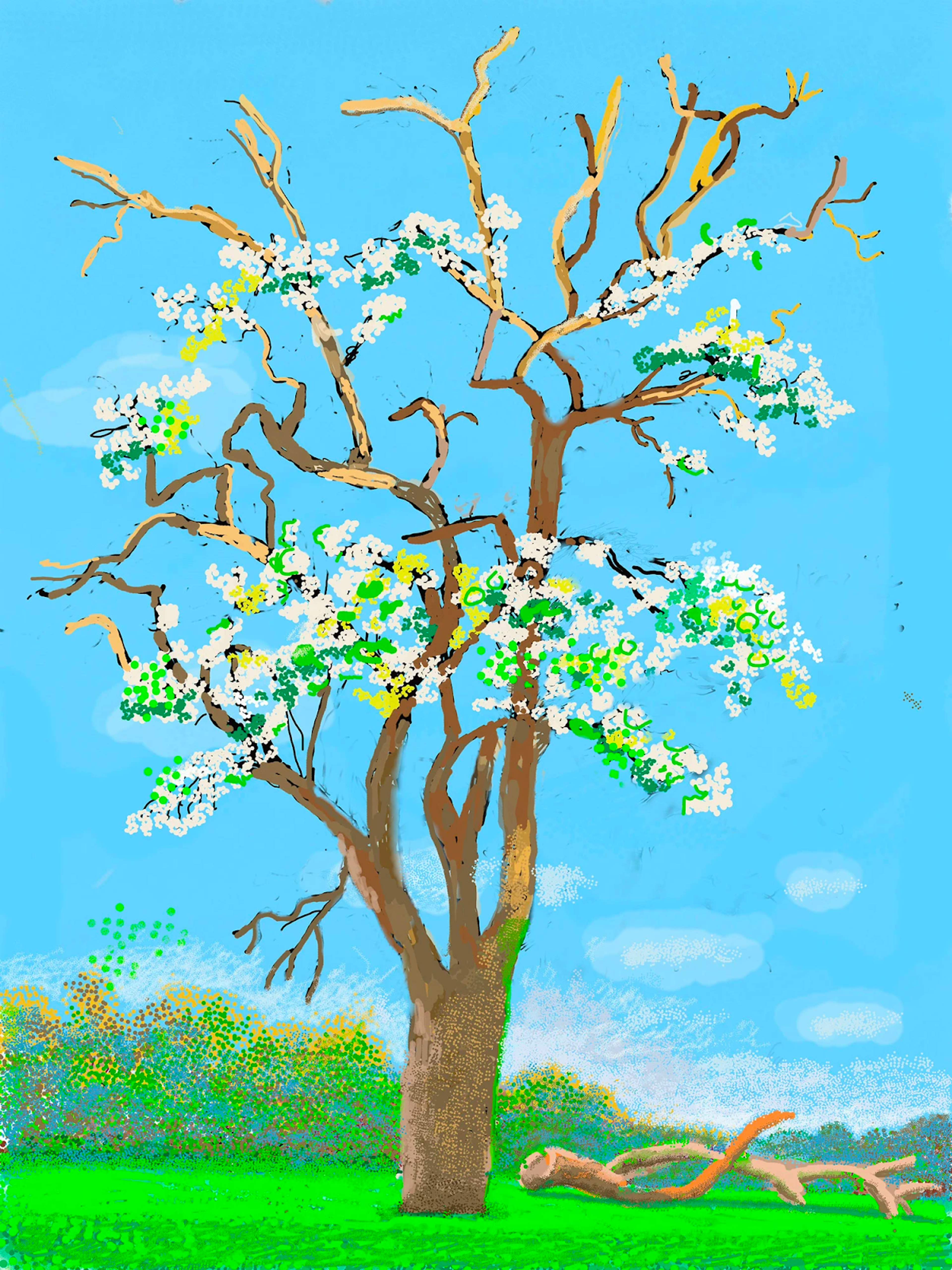 Un dessin numérique représentant un arbre aux fleurs blanches, vertes et jaunes, dont de nombreuses branches sont apparentes. Une branche tombée repose sur le sol à côté.