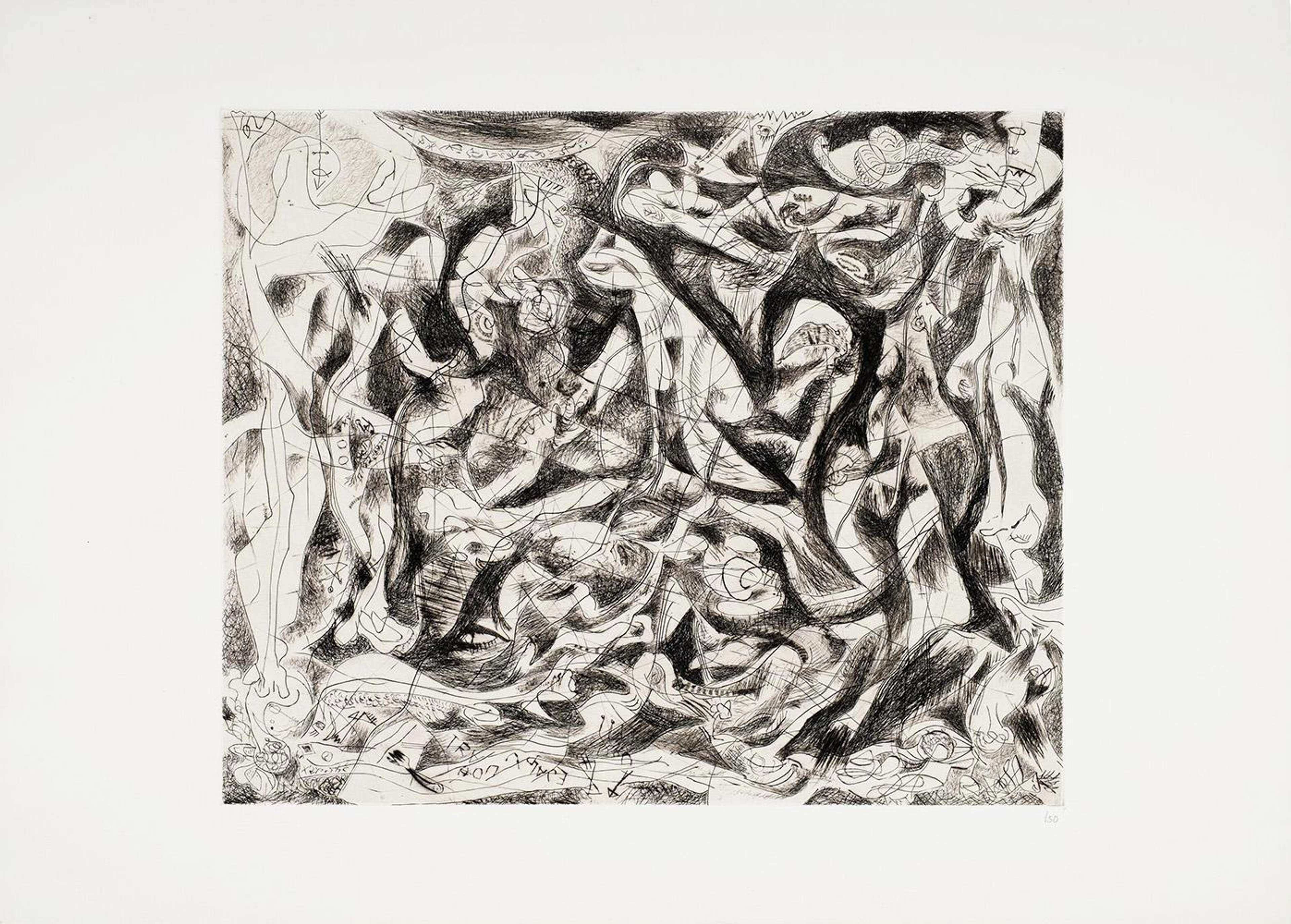 Une gravure en noir et blanc présentant des formes abstraites densément regroupées qui rappellent des corps humains. Ces formes sont créées par des lignes continues et sont soit remplies d'encre, soit laissées vides.