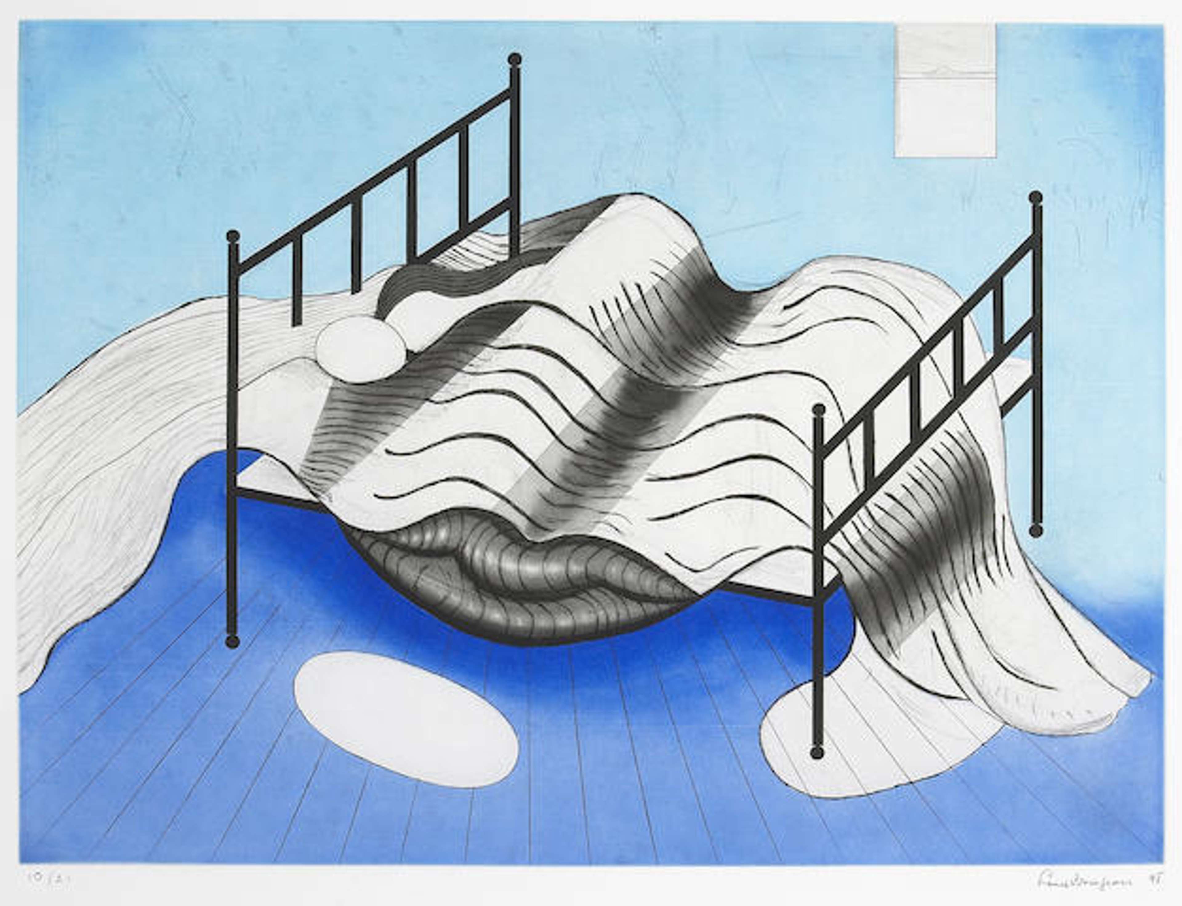 « Blue Bed » de Louise Bourgeois (1998). Cette estampe représente un dessin simple d'un lit devant un mur bleu clair et une moquette bleu foncé.