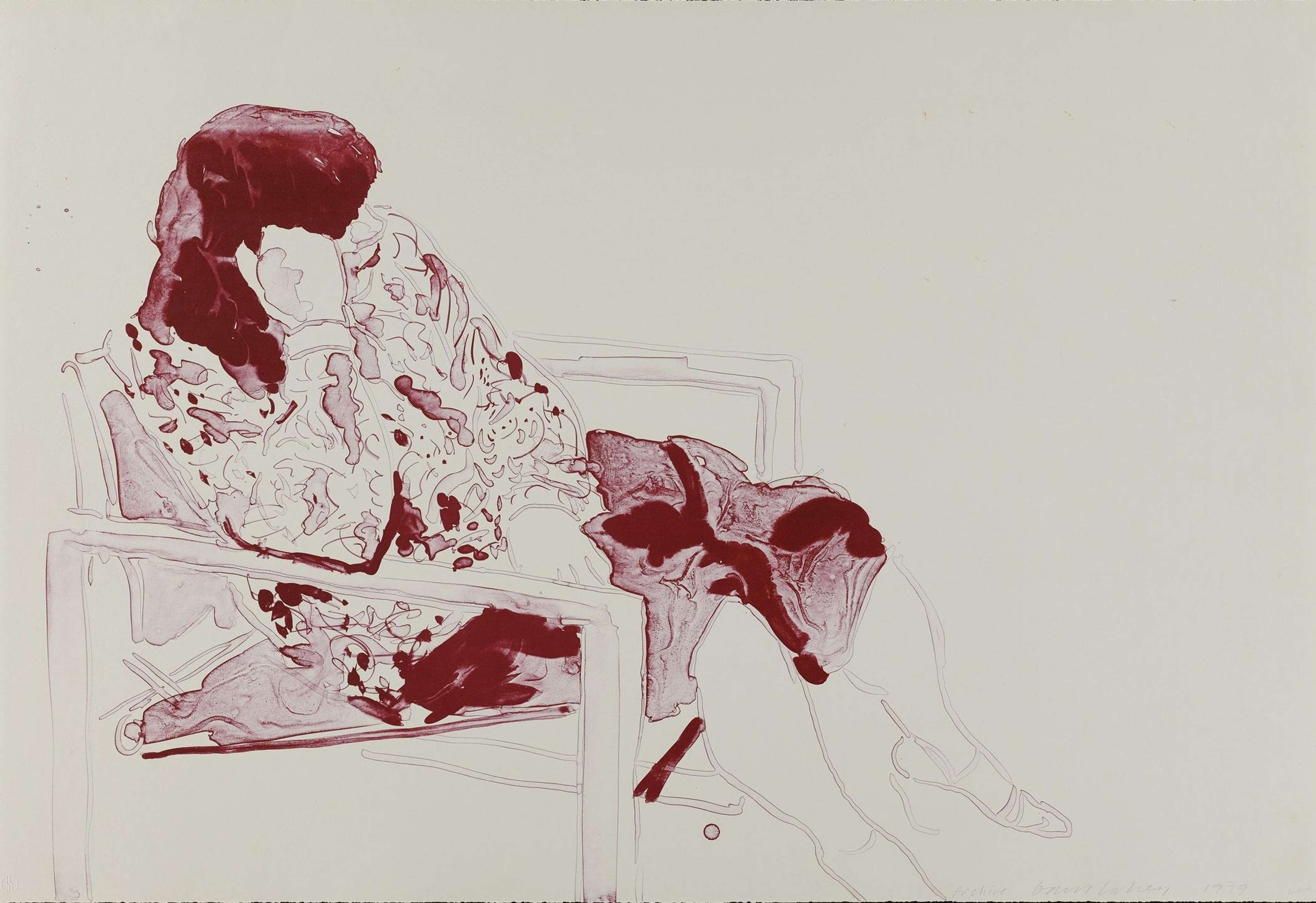 Estampe lithographique de David Hockney, « Ann Seated In Director's Chair », représentant une femme assise sur une chaise, rehaussée d'encre rouge bordeaux.