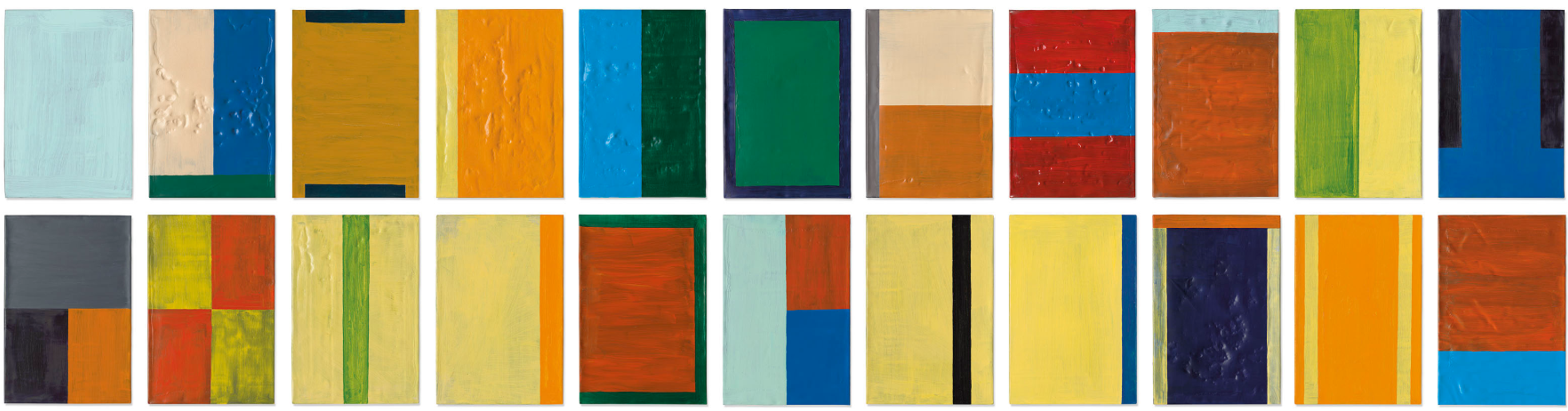 An arrangement of 22 acrylic paintings, each featuring distinct geometric, textured colour blocks. Each painting contains a solid colour field - blues, yellows, reds, greens - creating a formal, structured composition.