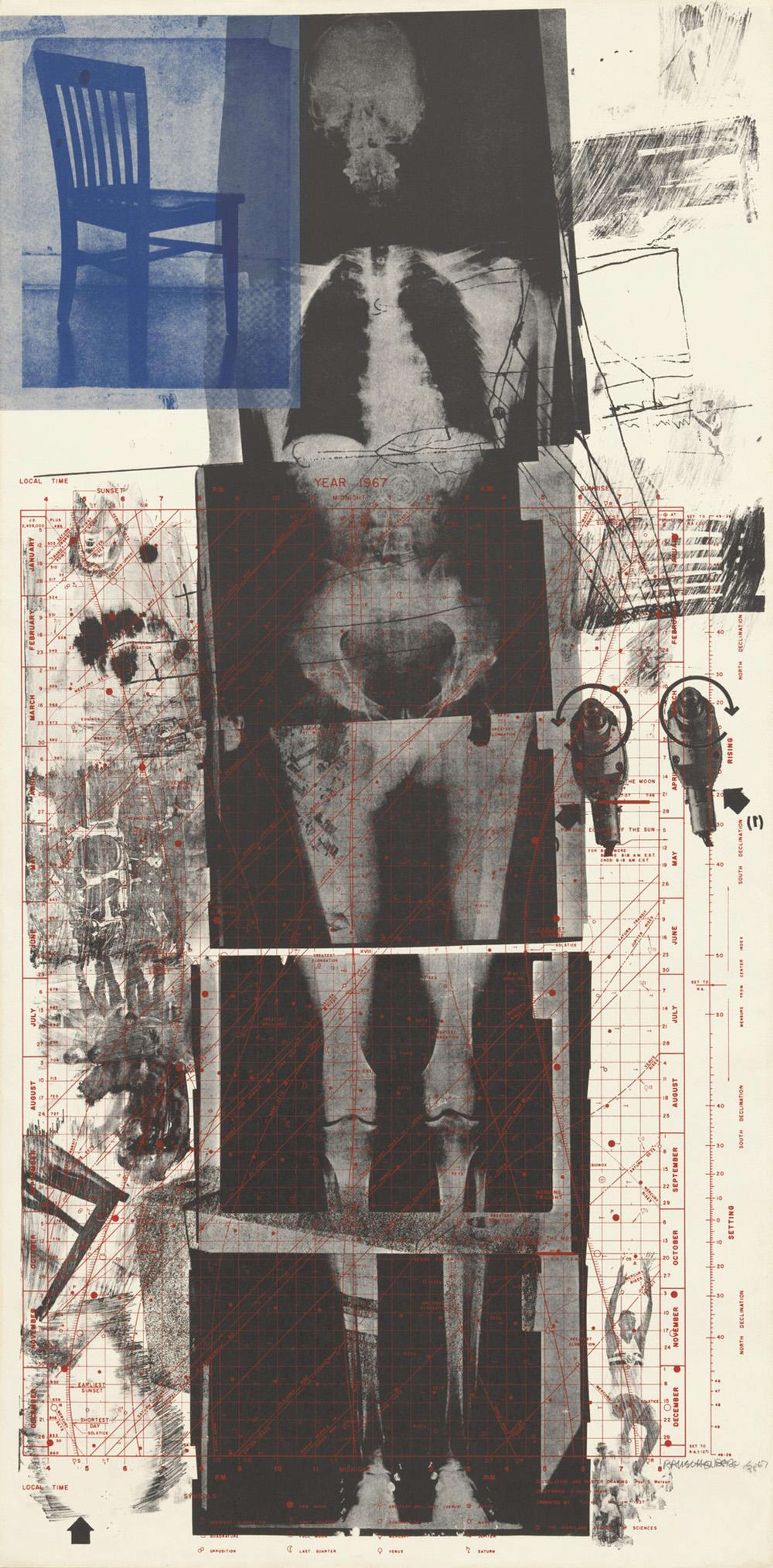 Une lithographie et sérigraphie de Robert Rauschenberg, intitulée « Booster », représentant un autoportrait radiographique grandeur nature de l'artiste, segmenté en six panneaux, de la tête aux pieds. La composition intègre des images superposées, notamment une chaise aux tons bleus, un thème astrologique, deux perceuses électriques et des photographies d'athlètes, disposées selon un format rappelant un collage. Exécutée en 1967 dans le cadre de la série « Booster and Seven Studies », cette œuvre illustre la fusion novatrice de l'art et de la technologie propre à Rauschenberg. Signée au crayon dans la marge inférieure droite.