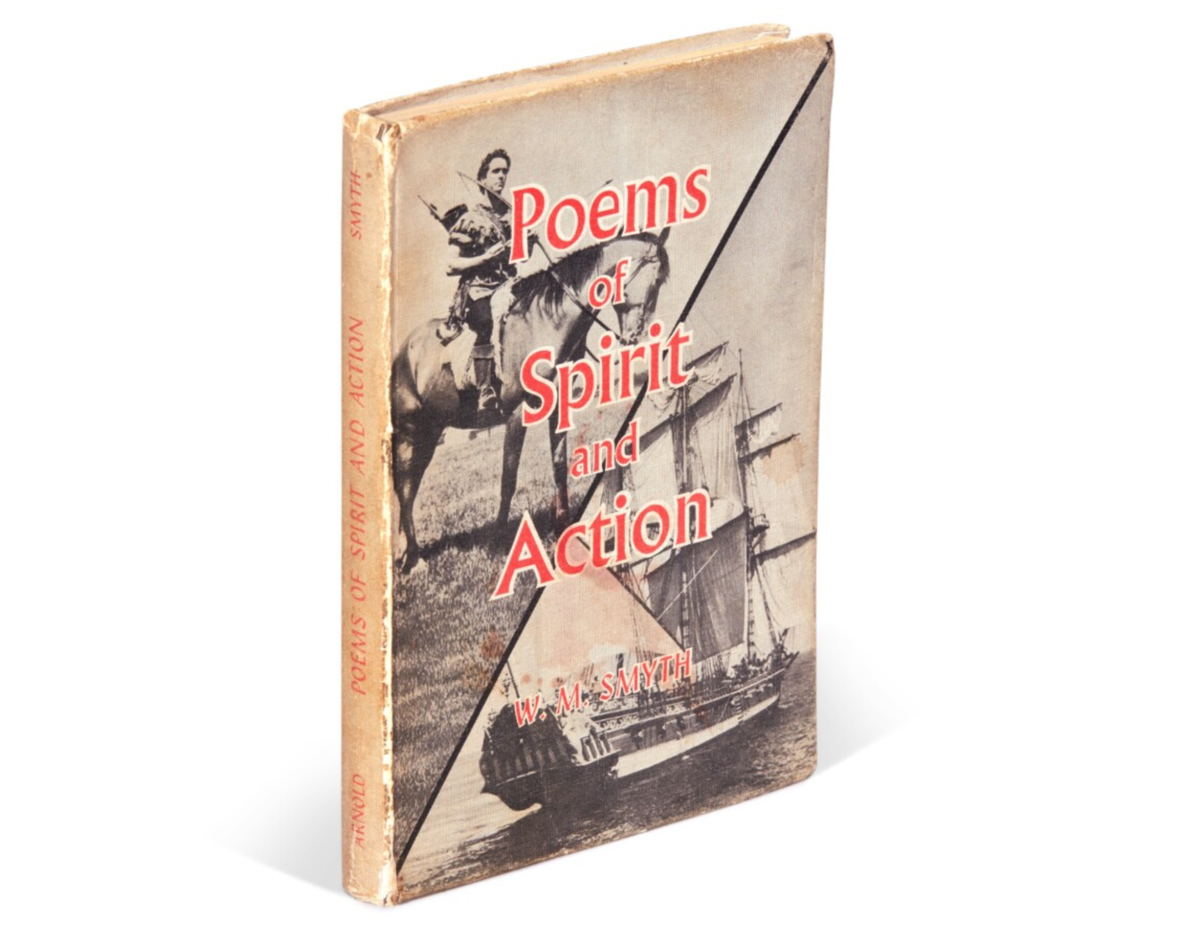 Image du livre « Poems of Spirit and Action » de W.M. Smyth, édition 1964. La couverture montre un homme à cheval dans le coin supérieur gauche, et un grand voilier dans le coin inférieur droit. L'homme à cheval est nommé The Man.