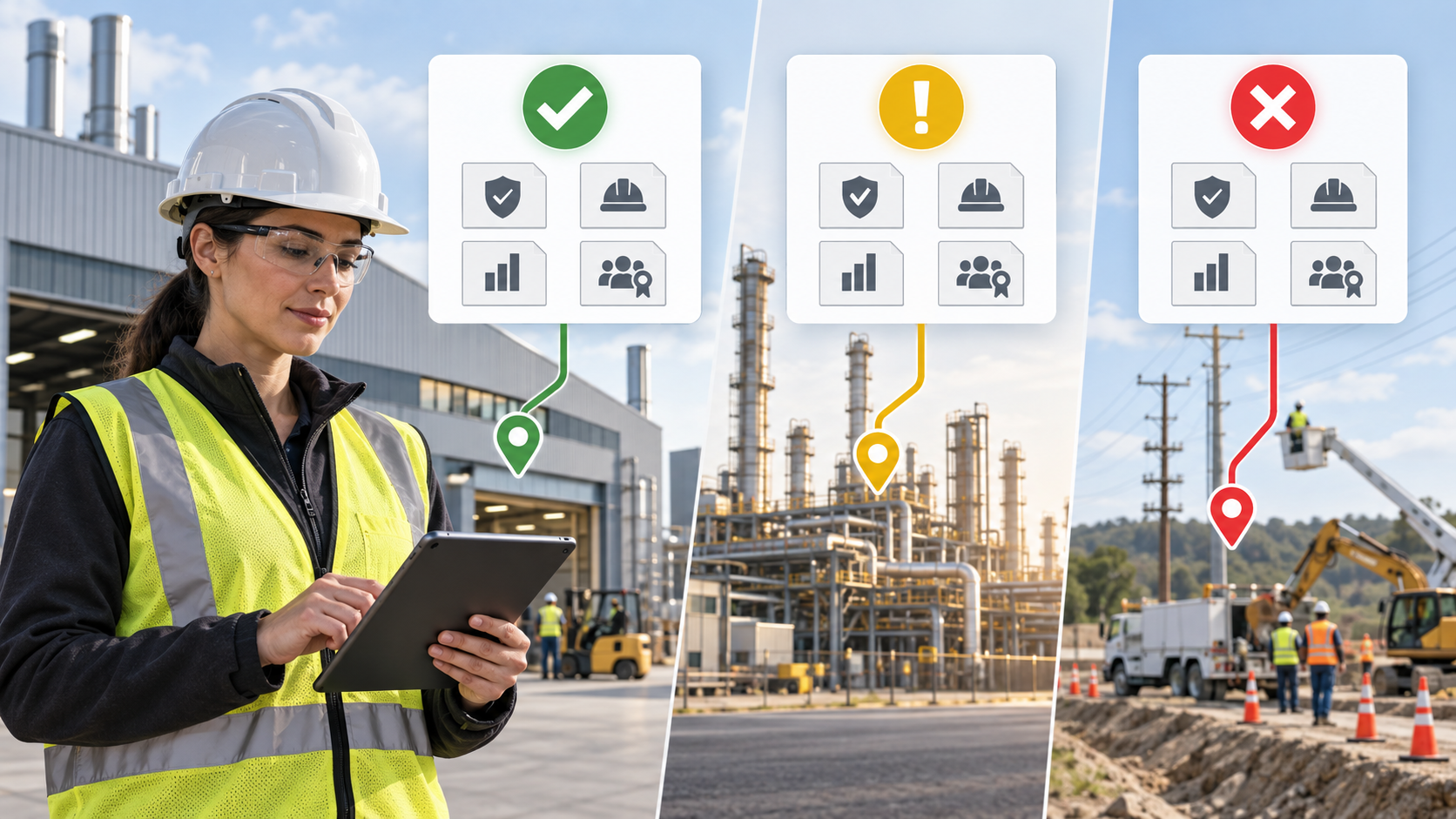 Contractor safety manager reviewing different approval statuses for manufacturing, refinery, and utility customers.