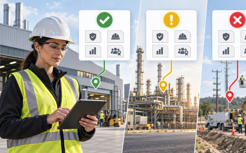 Contractor safety manager reviewing different approval statuses for manufacturing, refinery, and utility customers.