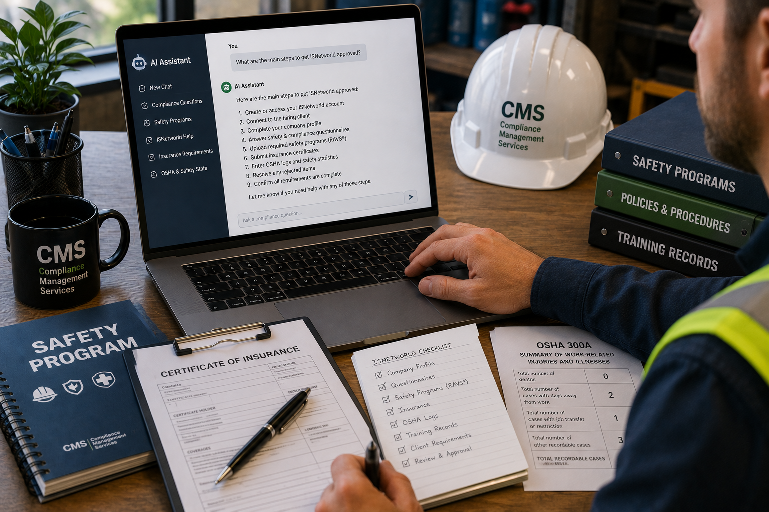 Contractor using AI to review ISNetworld compliance requirements with safety programs, insurance documents, OSHA logs, and a hard hat on the desk.