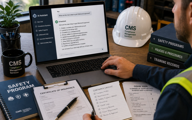 Contractor reviewing an incomplete ISNetworld compliance dashboard with rejected safety programs, insurance documents, OSHA logs, and a hard hat on the desk.