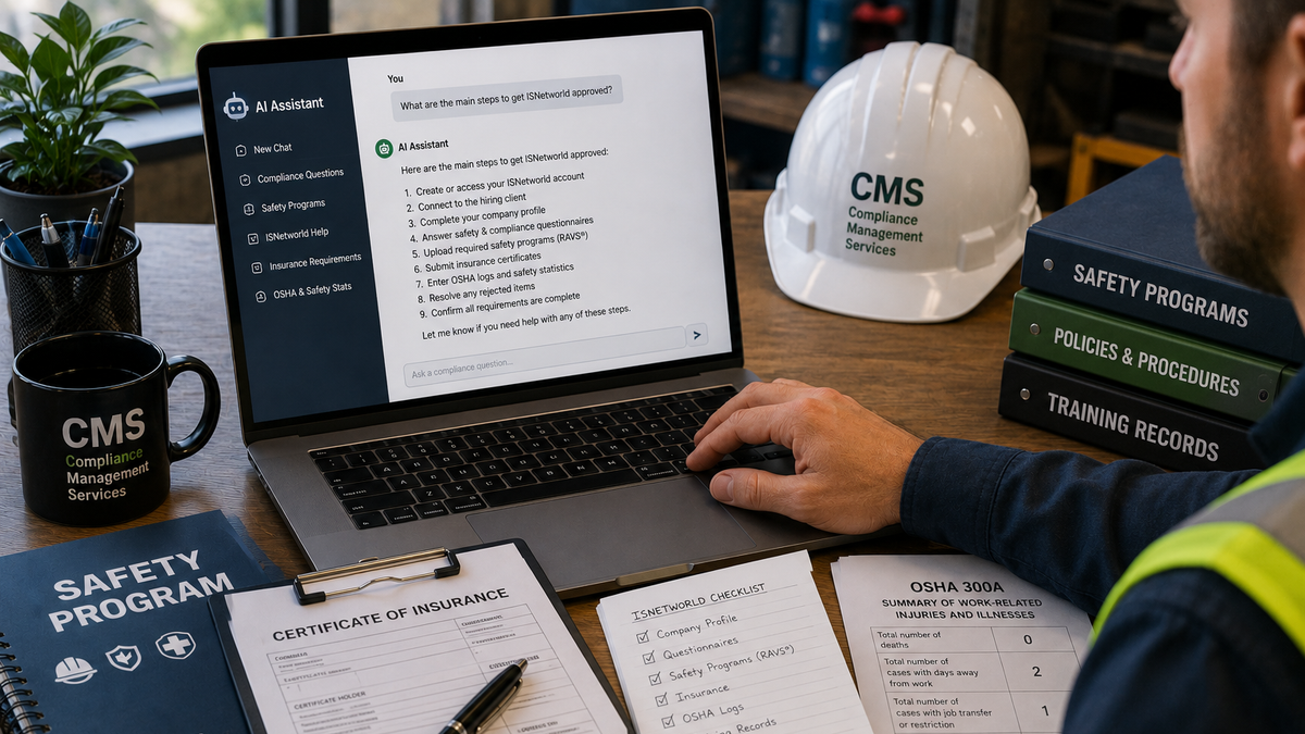 Contractor using AI to review ISNetworld compliance requirements with safety programs, insurance documents, OSHA logs, and a hard hat on the desk.