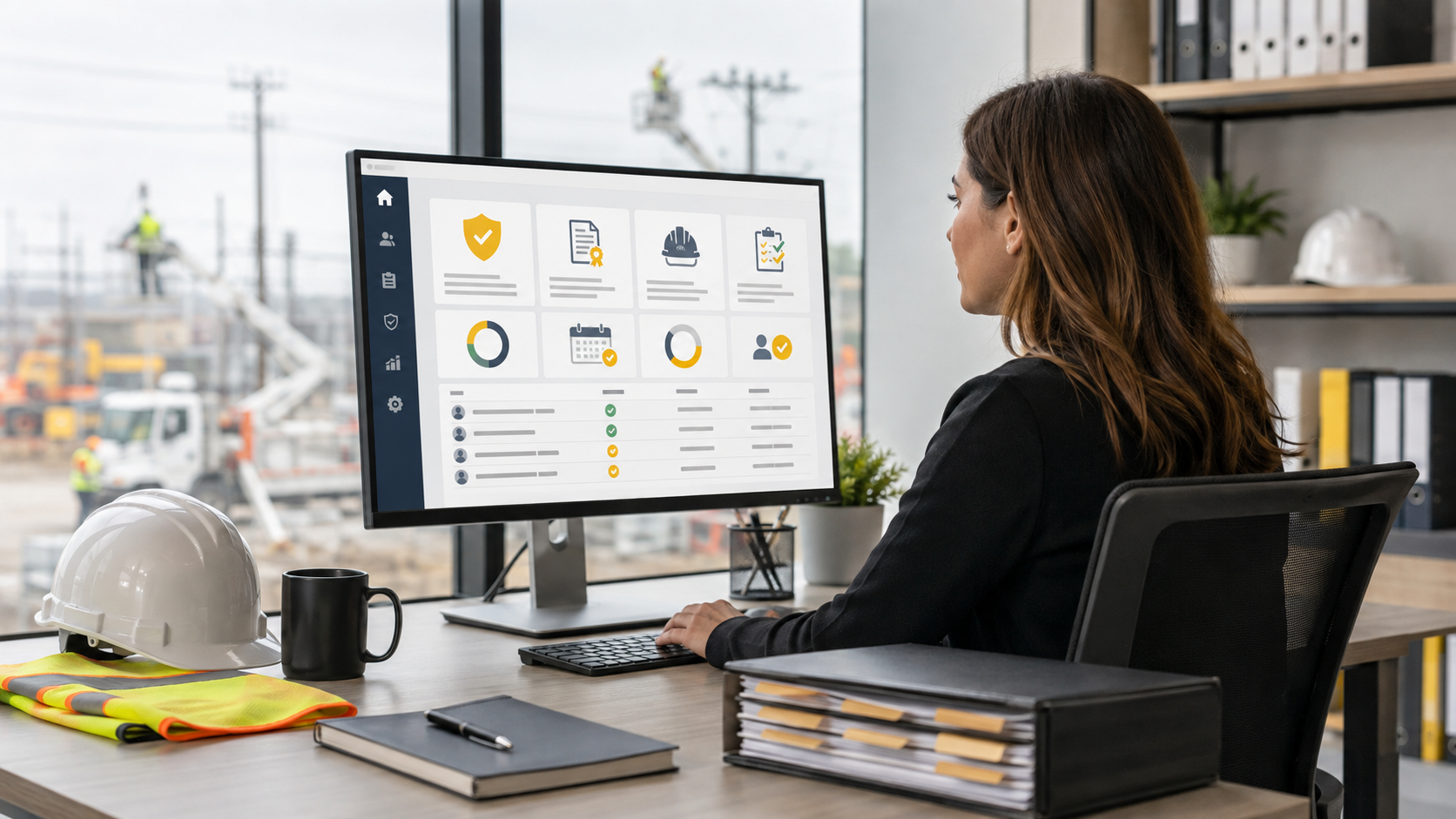 Compliance specialist managing contractor safety documents, insurance records, and qualification requirements through an online dashboard.