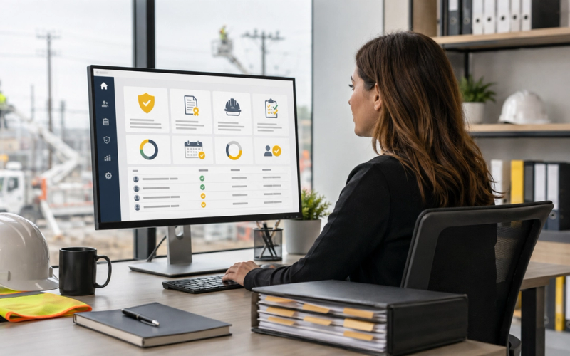 Compliance specialist managing contractor safety documents, insurance records, and qualification requirements through an online dashboard.