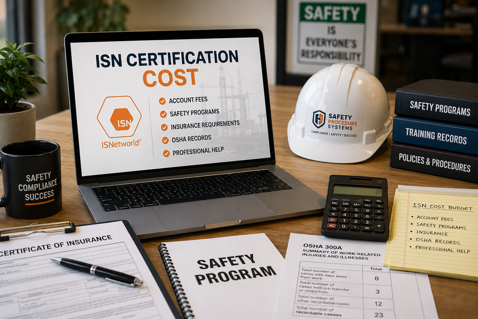 Contractor reviewing ISN certification cost and compliance documents on a laptop with safety paperwork and a hard hat nearby.