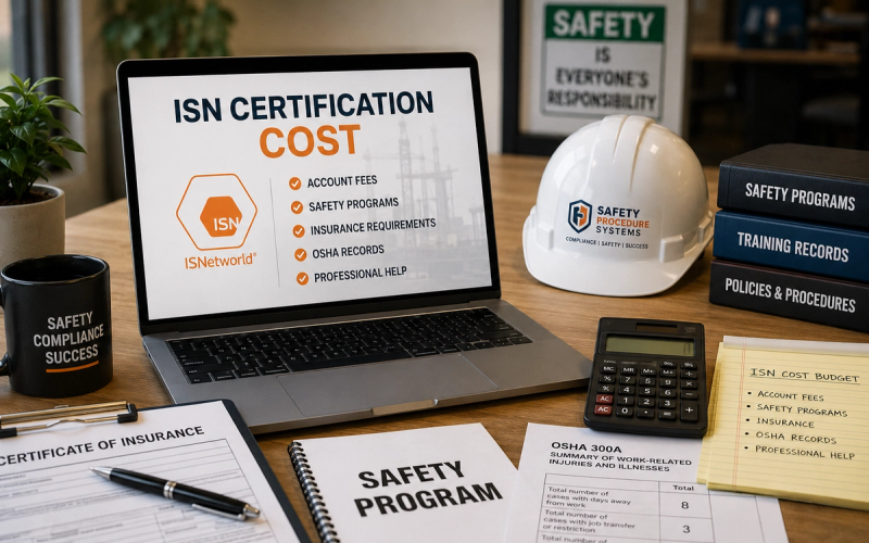 Contractor reviewing ISN certification cost and compliance documents on a laptop with safety paperwork and a hard hat nearby.