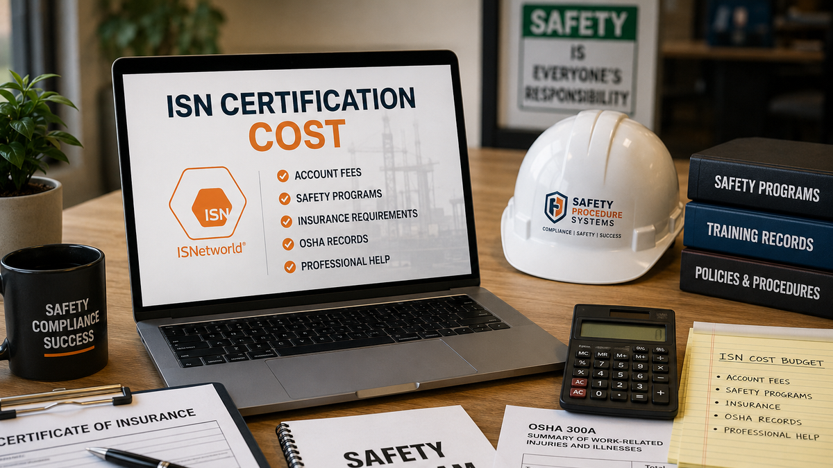 Contractor reviewing ISN certification cost and compliance documents on a laptop with safety paperwork and a hard hat nearby.