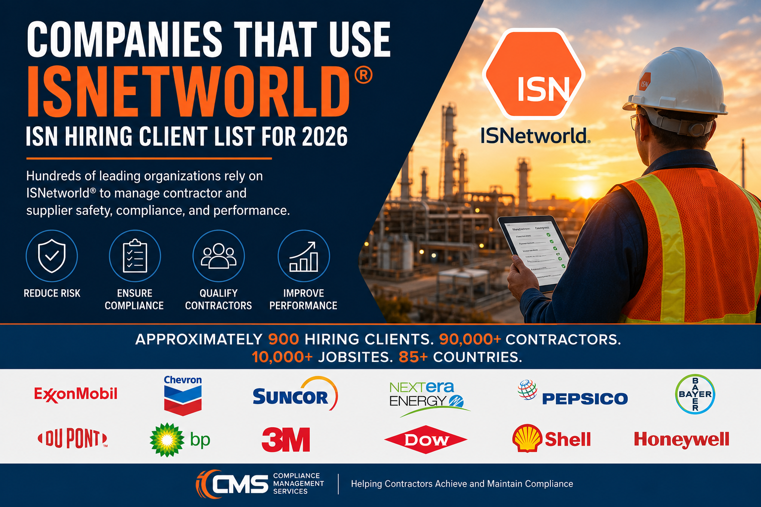 Companies that use ISNetworld® in 2026, featuring an industrial worker at a refinery and CMS contractor compliance branding.