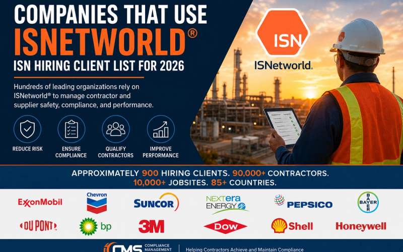 Companies that use ISNetworld® in 2026, featuring an industrial worker at a refinery and CMS contractor compliance branding.