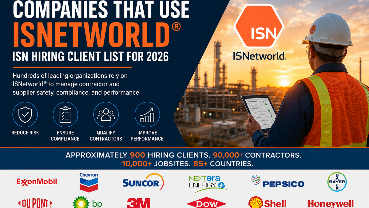 Companies that use ISNetworld® in 2026, featuring an industrial worker at a refinery and CMS contractor compliance branding.