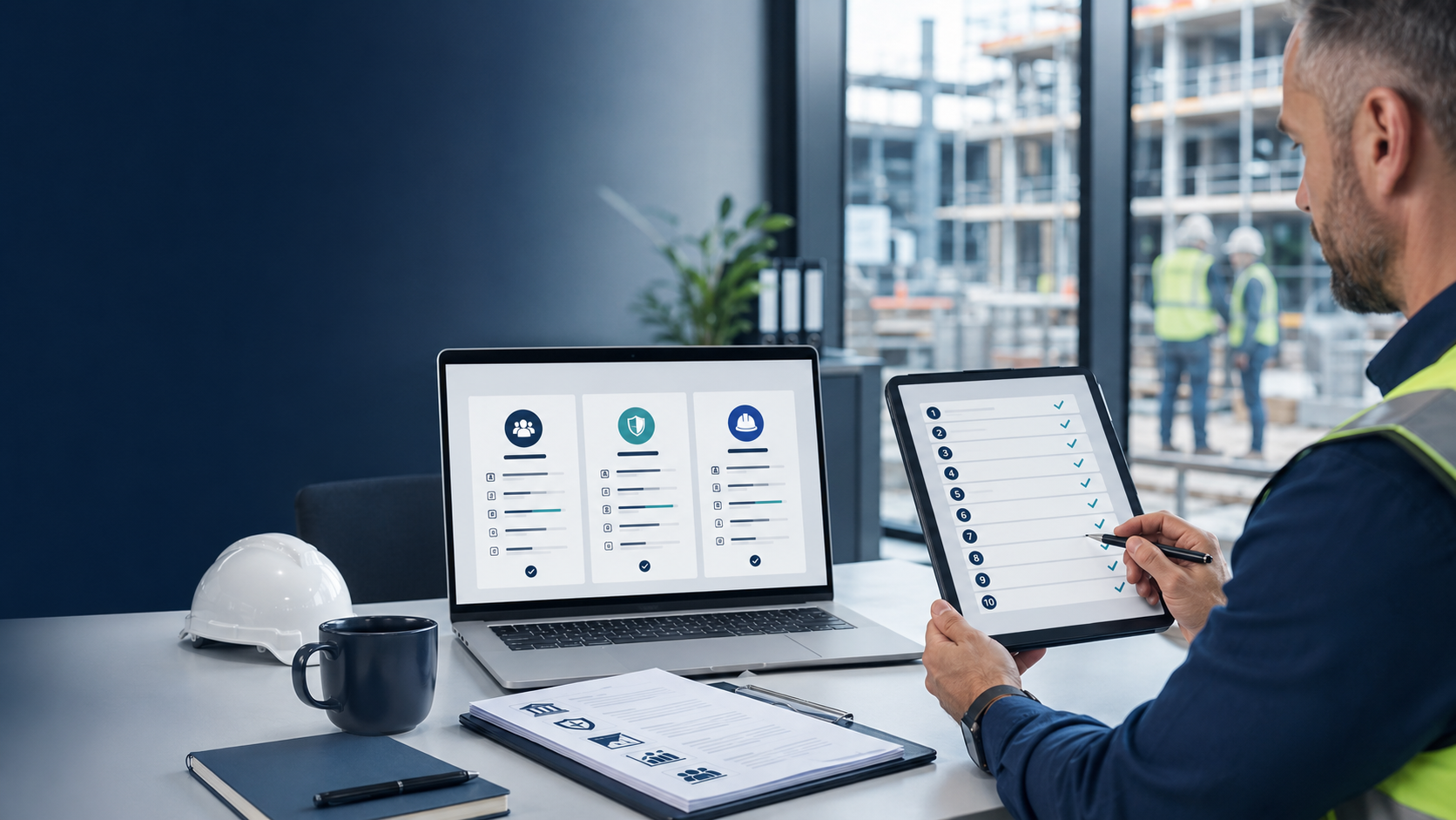 Safety manager reviewing a ten-point checklist to compare contractor-management platform options.