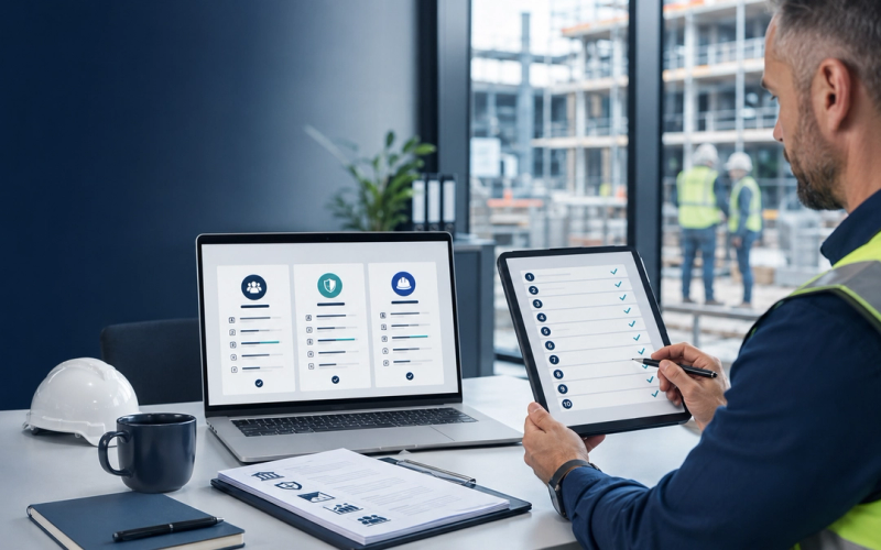 Safety manager reviewing a ten-point checklist to compare contractor-management platform options.