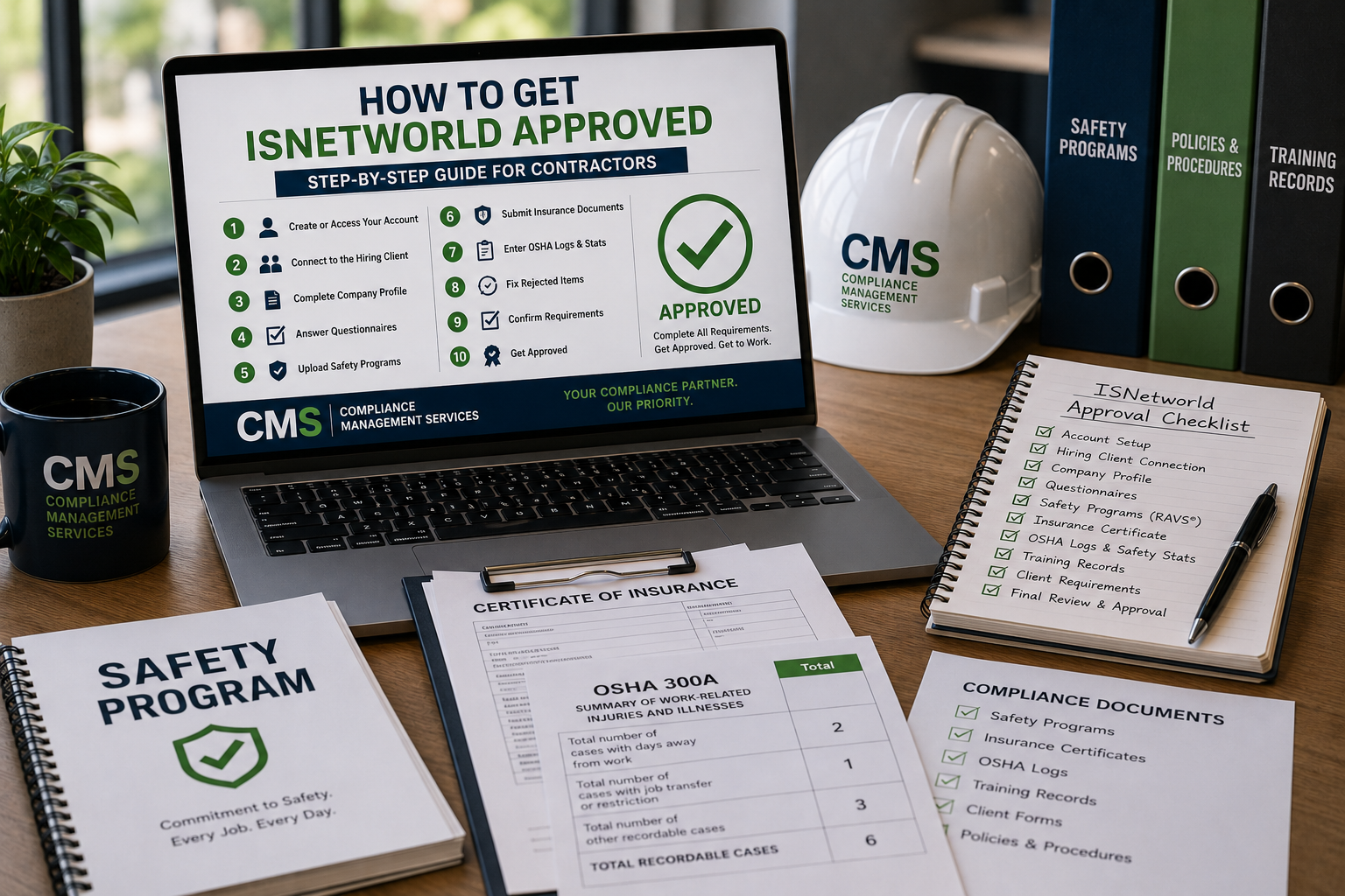 Contractor reviewing an ISNetworld approval checklist with safety programs, insurance documents, OSHA logs, and a hard hat on a desk.