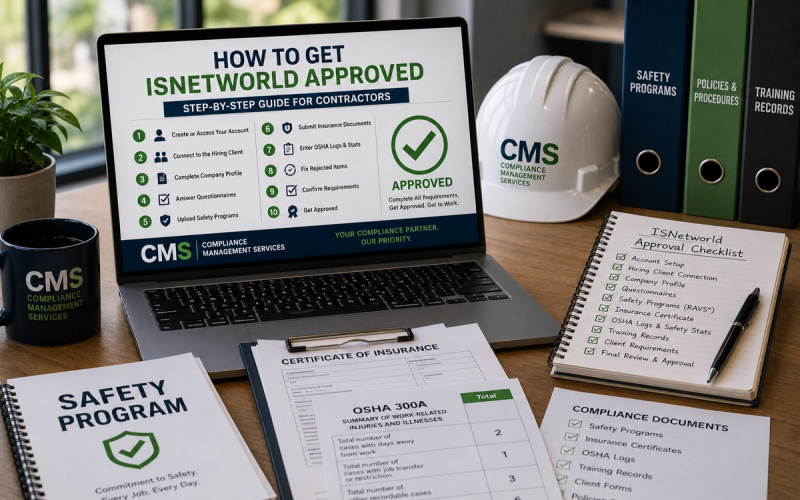 Contractor reviewing an ISNetworld approval checklist with safety programs, insurance documents, OSHA logs, and a hard hat on a desk.