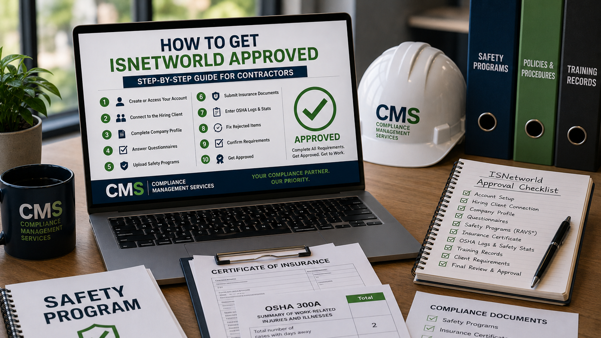 Contractor reviewing an ISNetworld approval checklist with safety programs, insurance documents, OSHA logs, and a hard hat on a desk.