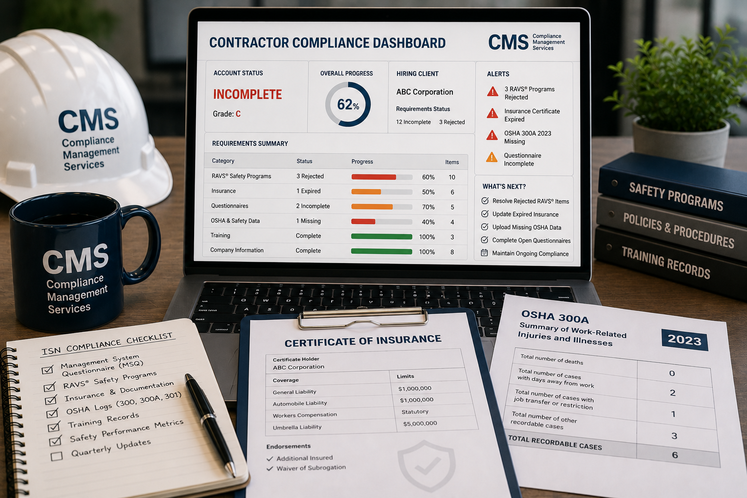 An infographic breaking down the 3 steps to ISNetworld compliance for contractors, showing the transition from safety documentation and an 'A' grade safety shield to winning corporate contracts with a handshake.