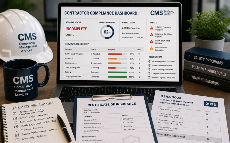 An infographic breaking down the 3 steps to ISNetworld compliance for contractors, showing the transition from safety documentation and an 'A' grade safety shield to winning corporate contracts with a handshake.