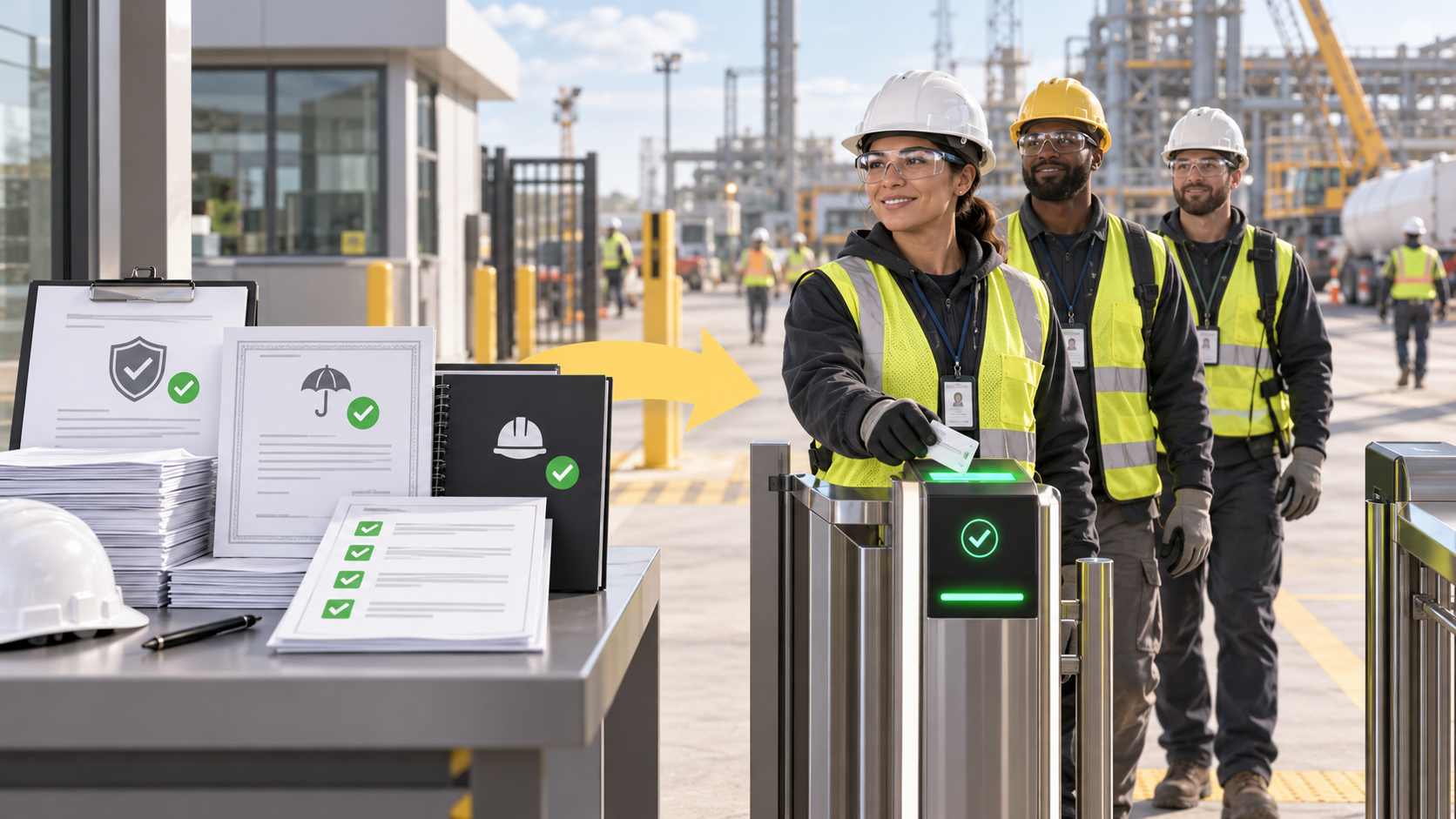 Contractor employees with approved safety documents and credentials entering an industrial jobsite ready to work.