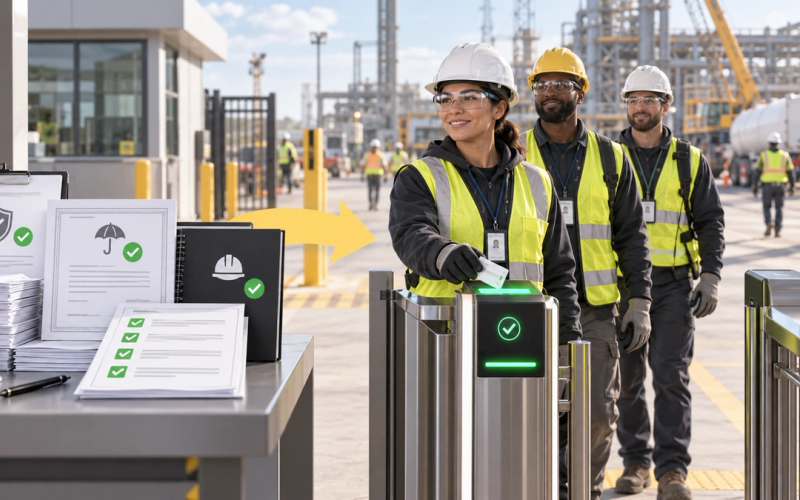 Contractor employees with approved safety documents and credentials entering an industrial jobsite ready to work.