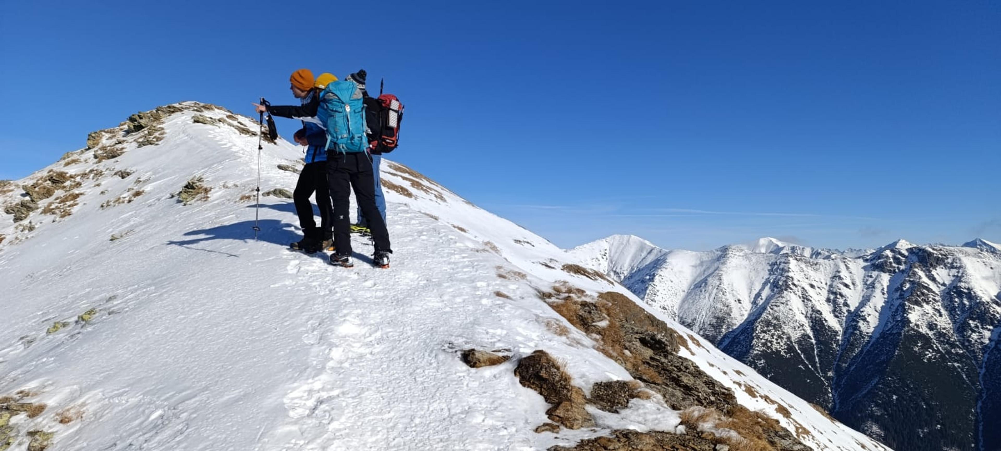 mountain snow western tatras beauty blue sky persons walkers hike ridge