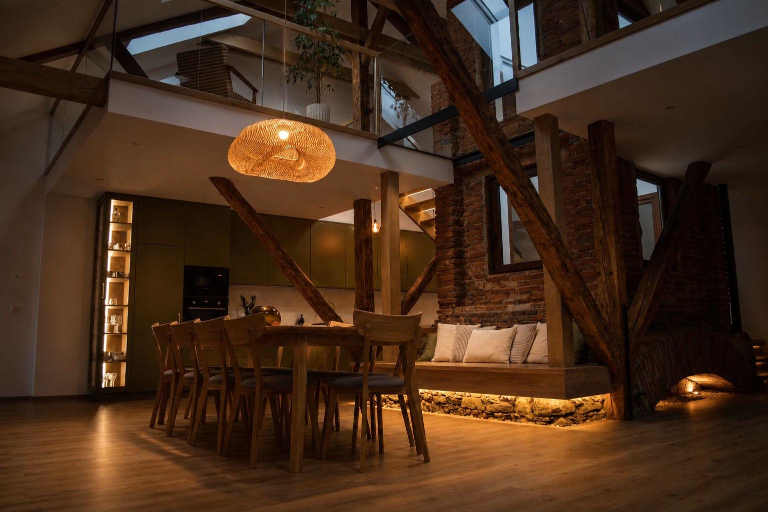 The warm timber-and-brick interior of Rosa Loft Slovakia, a dining table beneath a woven pendant light