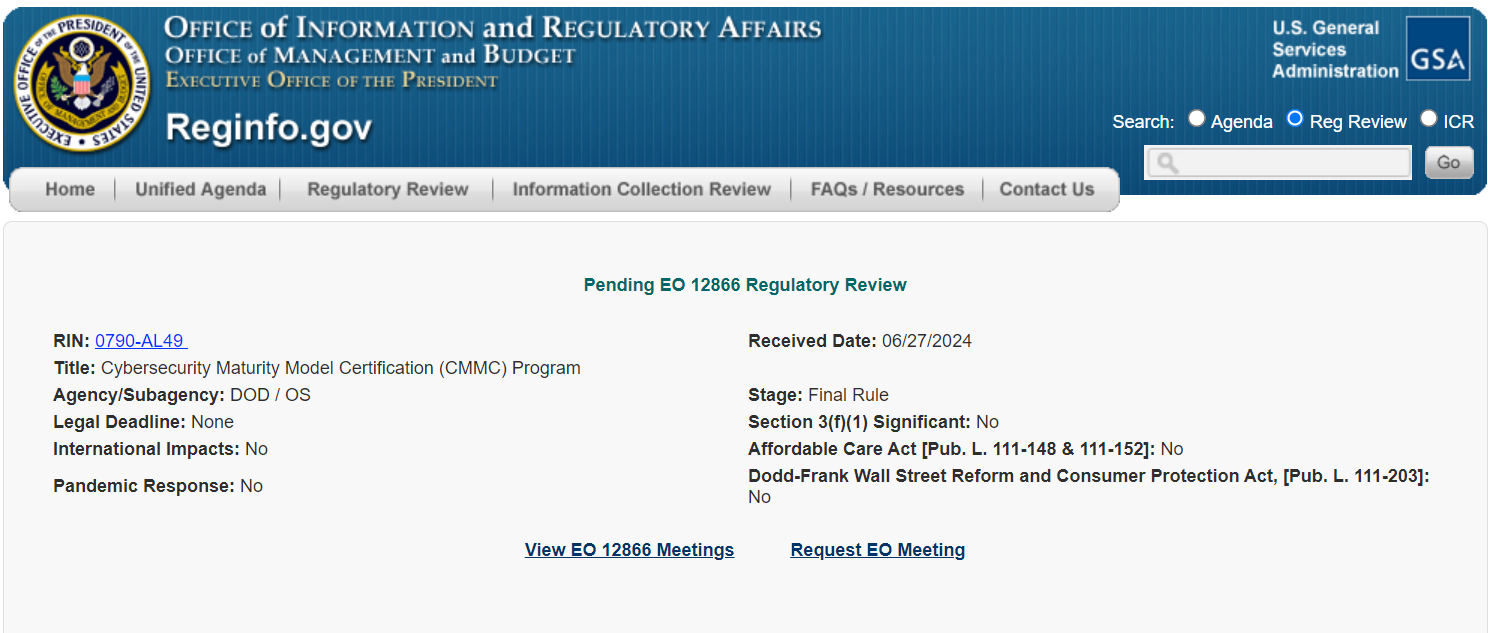 Image showing that 32 CFR 170 has been submitted to OIRA for Review
