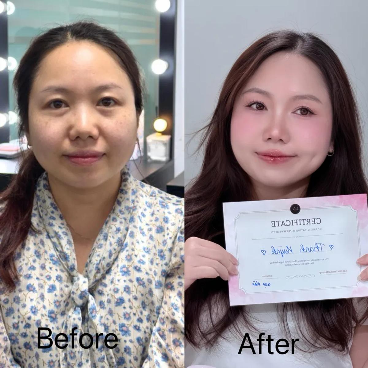 Before / After học viên: sửa nền, tóc và tổng thể gương mặt sau buổi thực hành.