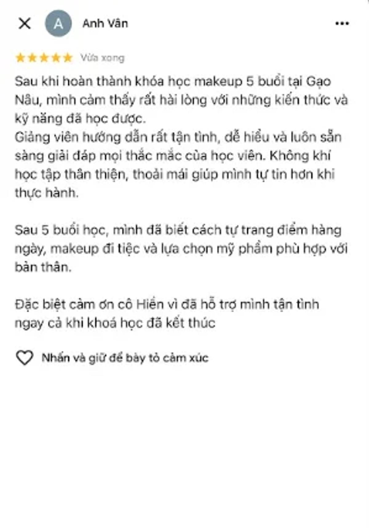 Feedback Anh Vân sau khóa học makeup 5 buổi tại Gạo Nâu.