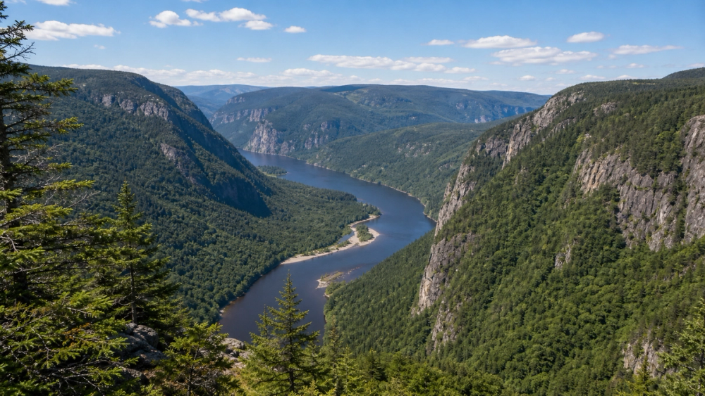 Hautes-Gorges-de-la-Rivière-Malbaie cliffs and river valley in Charlevoix