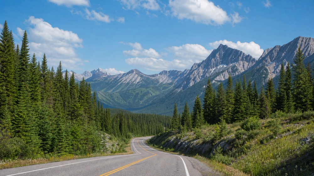 An alpine highway cutting through evergreen forest and mountain peaks on the drive from Vancouver to Manning Park