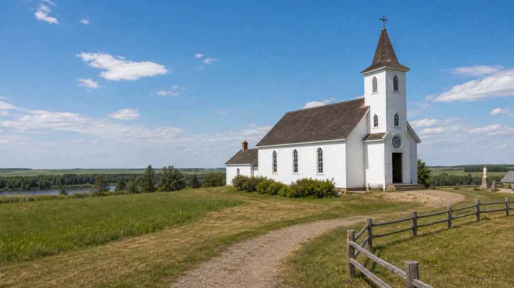 Historic church and prairie landscape at Batoche National Historic Site