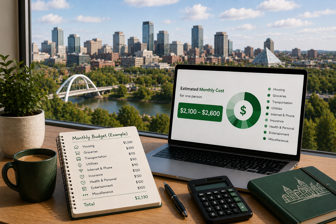 Edmonton cost of living budget scene with skyline, river valley, laptop, notebook, and calculator.