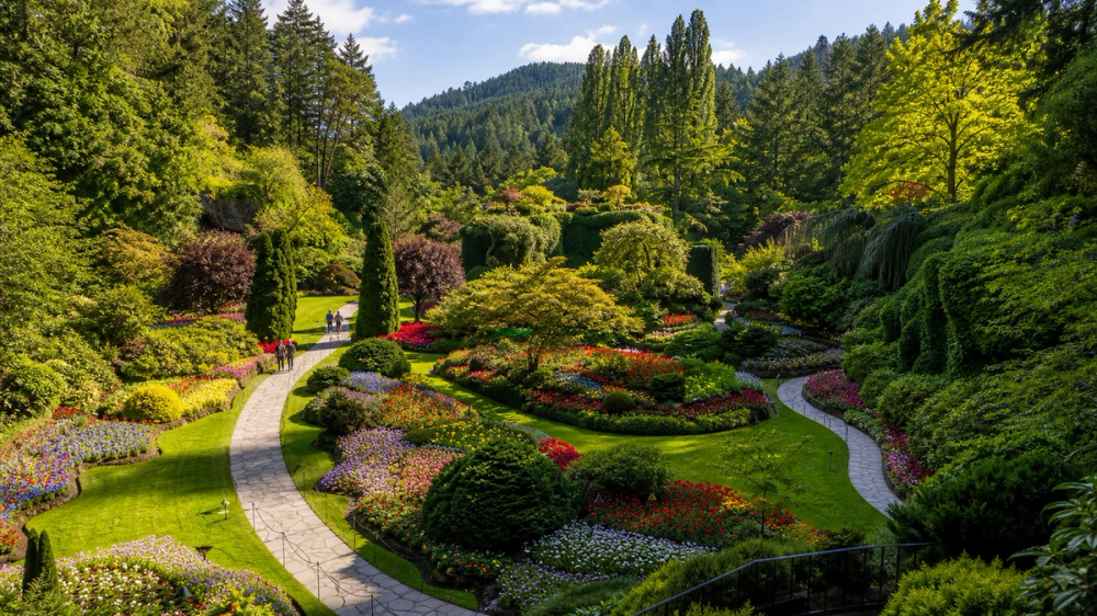 Colourful flower beds and pathways in the Sunken Garden at The Butchart Gardens near Victoria