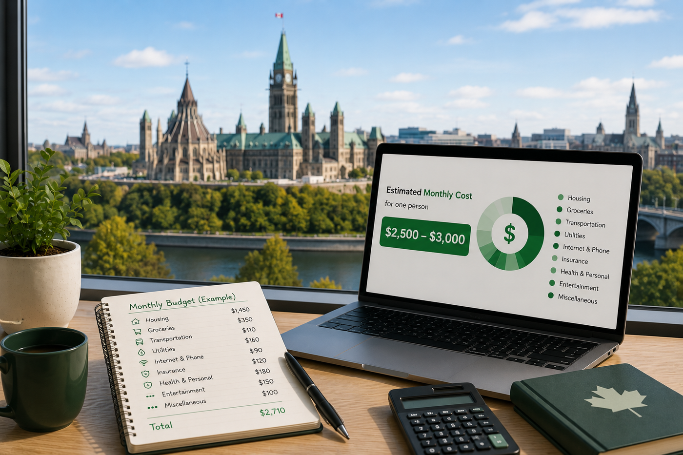 Ottawa cost of living budget scene with Parliament, river view, laptop, notebook, and calculator.