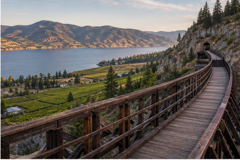 Kelowna Myra wine circuit with trestles, vineyards and lake hills