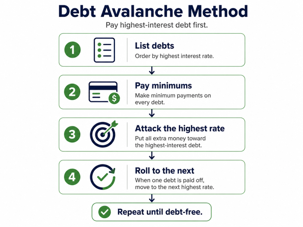 Debt avalanche infographic showing debts sorted by interest rate and extra payments going to the highest rate first