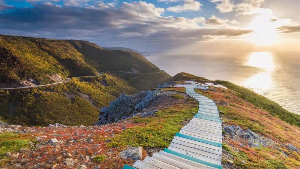 Cabot Trail road curving along coastal cliffs in Cape Breton Nova Scotia