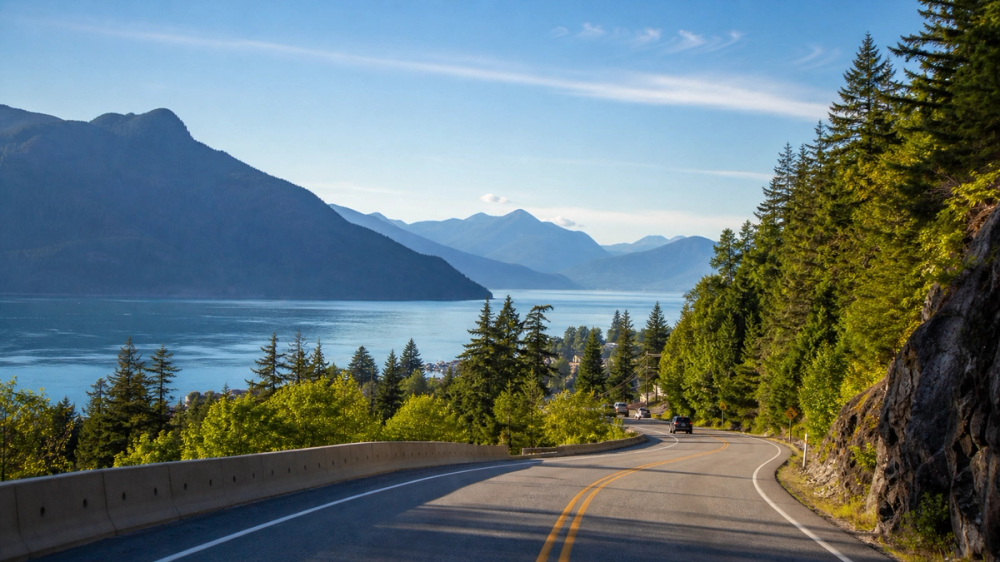 A scenic road near Harrison Lake with forested mountains on the drive from Vancouver to Harrison Hot Springs