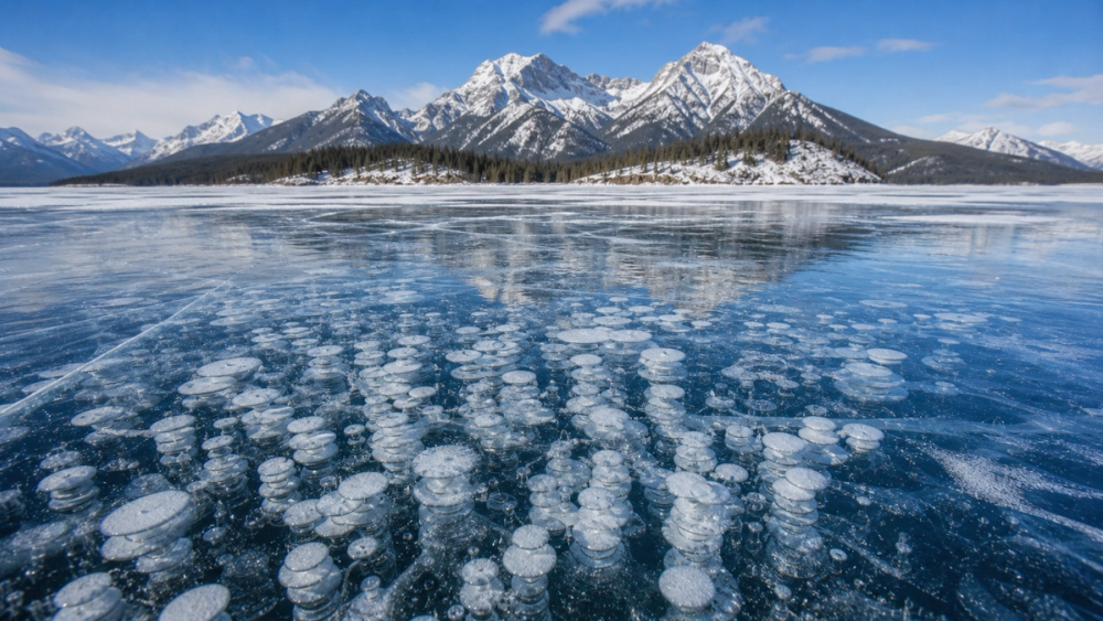 Frozen methane bubbles trapped under the clear ice of Abraham Lake