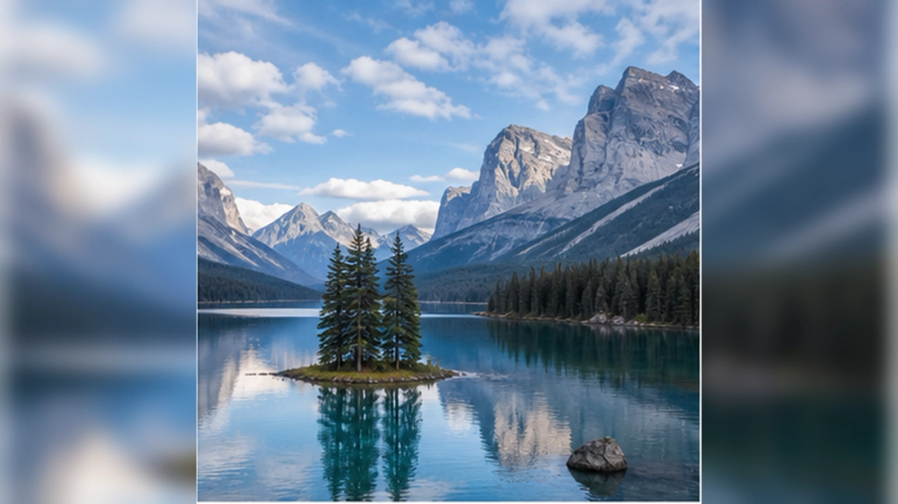 Mountain lake, forest and broad valley scenery in Jasper National Park