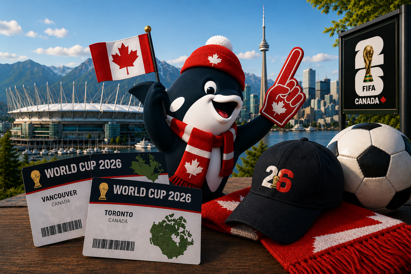 World Cup 2026 Canada scene with tickets for Vancouver and Toronto, soccer ball, Canadian fan gear, and a waterfront stadium backdrop.